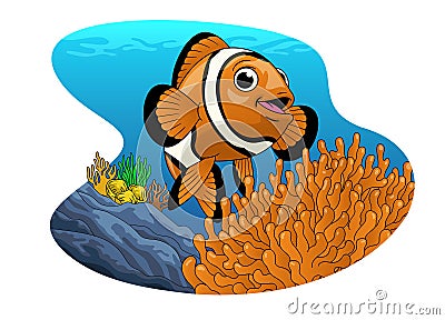 Clown Fish cartoon in the beautiful coral ecosystem Vector Illustration