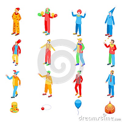 Clown icons set, isometric style Vector Illustration