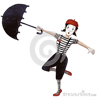 clown mime girl with umbrella, watercolor style illustration, funny clipart with cartoon character Cartoon Illustration