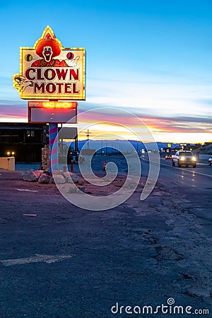 Clown Motel road sign. Editorial Stock Photo