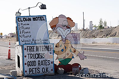 Clown Motel sign in Tonopah Nevada, is a kitschy roadside attraction and is said to be haunted. July 4 2018 - TONOPAH, NEVADA Editorial Stock Photo