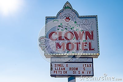 Clown Motel sign in Tonopah Nevada, is a kitschy roadside attraction and classic motor court motel Editorial Stock Photo