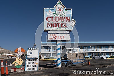 Clown Motel sign in Tonopah Nevada, is a kitschy motor court style motel in the USA Editorial Stock Photo