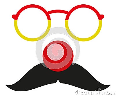 Clown nose with moustache and fun glasses. Party mask Vector Illustration