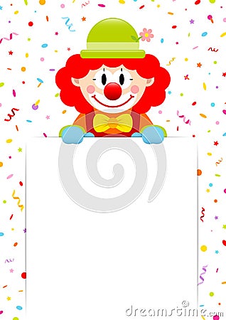 Clown Red Hair Holding Label With Streamers And Confetti Vector Illustration