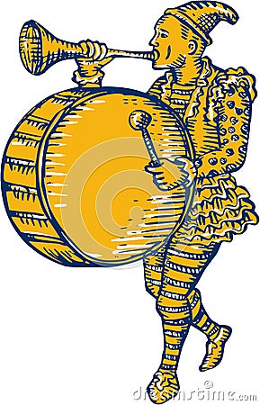 Clown With Trumpet and Drum Marching Etching Vector Illustration