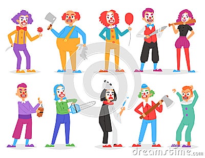 Clown vector scary clownish character clowning on performance in circus with ax or sword and cartoon man of clownery Vector Illustration