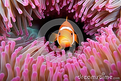 clownfish peeping from a pink sea anemone Stock Photo