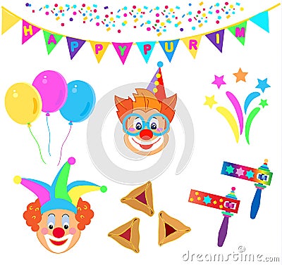 2023 Clowns characters mask, Happy Purim Festival Jewish Holiday Carnival icons masque set Vector Illustration