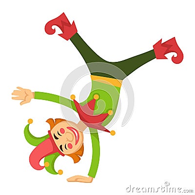 Clown jester in circus amusing upside down vector cartoon character isolated icon Vector Illustration