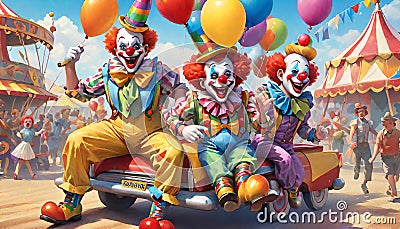 Clowns sitting on classic jalopy automobile Stock Photo