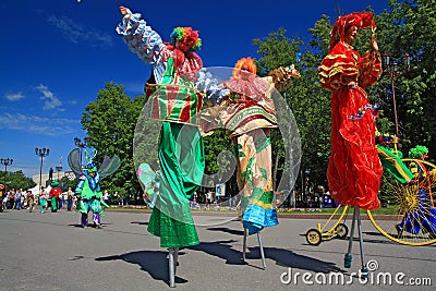 Clowns on town street at day Editorial Stock Photo
