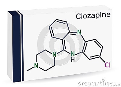 Clozapine molecule. It is dibenzodiazepine, atypical antipsychotic, neuroleptic. Used in treatment resistant schizophrenia. Vector Illustration