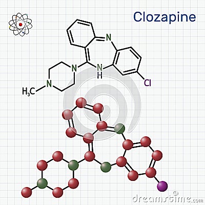 Clozapine molecule. It is dibenzodiazepine, atypical antipsychotic, neuroleptic. Used in treatment resistant schizophrenia. Vector Illustration