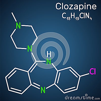 Clozapine molecule. It is dibenzodiazepine, atypical antipsychotic, neuroleptic. Used in treatment resistant schizophrenia. Vector Illustration