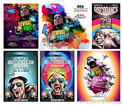 Club Disco Flyer Set with DJ shape and Colorful Scalable backgrounds Vector Illustration