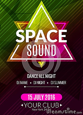 Club electronic space sound music poster. Musical event DJ flyer. Disco trance sound. Night party Vector Illustration