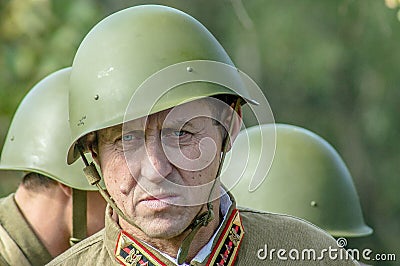 Club role-play reconstruction of one of the battles of World war 2 in the Kaluga region of Russia. Editorial Stock Photo