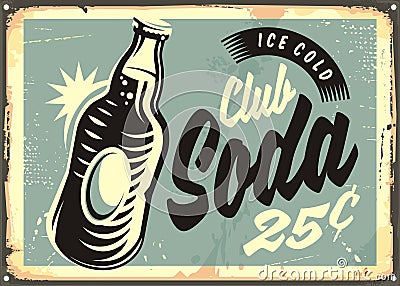 Club soda promotional retro tin sign Vector Illustration