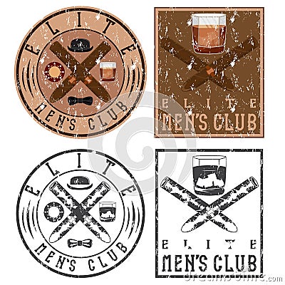 club vintage grunge labels with cigars and whiskey glass Vector Illustration