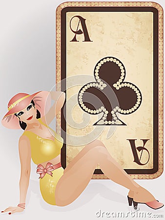 Clubs poker card with pin up girl Vector Illustration