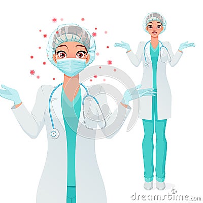 Confused doctor in mask, white coat and green medical uniform shrugs. Protection from coronavirus. Vector illustration. Vector Illustration