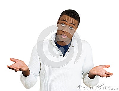 Clueless man, arms out asking why what's problem who cares so what I don't know Stock Photo