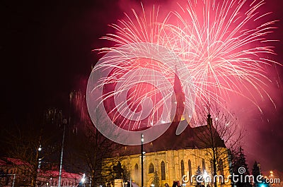 Cluj Napoca, Romania - Jan 24: Fireworks for celebrating 157 years from the The United Principalities of Moldavia and Wallachia, a Editorial Stock Photo