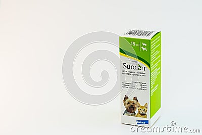 Cluj-Napoca/Romania-10 24 2019: Surolan Otic Suspension is used for the treatment of otitis externa in dogs and cats Editorial Stock Photo