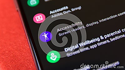 CLUJ, ROMANIA - JUL 15, 2019: Accessibility in the Android 9 settings menu. Accessibility illustrative editorial Editorial Stock Photo