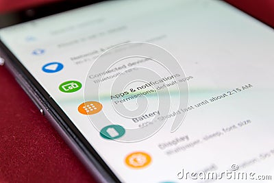 CLUJ, ROMANIA - JUL 17, 2019: Apps & notifications in the Android 9 settings menu. Apps & notifications illustrative editorial Editorial Stock Photo