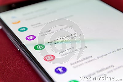 CLUJ, ROMANIA - JUL 17, 2019: Security & location in the Android 9 settings menu. Security & location illustrative editorial Editorial Stock Photo