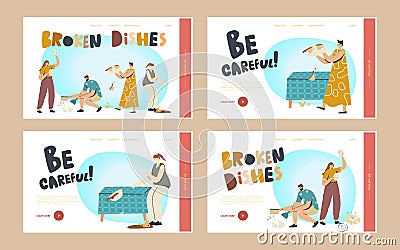 Clumsy Characters Break Dishes Landing Page Template Set. Men and Women Breaking Plates Smithereens with Small Pieces Vector Illustration