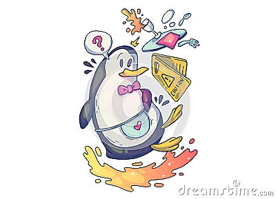 A clumsy penguin waiter. Creative cartoon illustration. Picture for print, advertising, applications and T-shirt print Vector Illustration