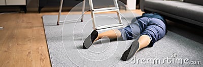 Clumsy Women Falling Ladder Incident. Injured Person Stock Photo