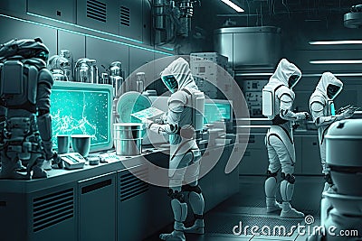 cluster of androids, each performing different task in futuristic laboratory Stock Photo