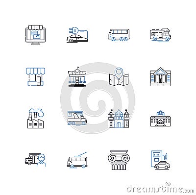 Cluster of buildings line icons collection. Skyscrapers, Complexes, Condos, Apartments, Urban, High-rises, Towers vector Vector Illustration