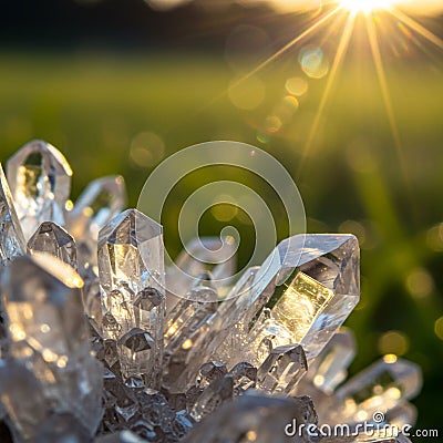 Cluster of clear quartz crystals (SiO2) with sharp, pointed structures, reflecting Stock Photo
