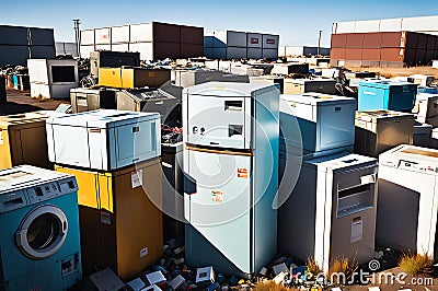 Cluster of Discarded Refrigerators, Washing Machines, and Assorted Electronic Waste Piled Haphazardly Stock Photo