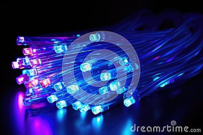 cluster of fiber optic light cables glowing in the dark Stock Photo