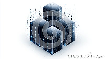A cluster of four black servers, glowing blue, connected by data streams. Concept of data storage, cloud computing, and Stock Photo