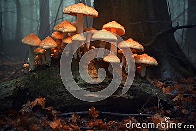 cluster of glowing mushrooms on a decaying stump Stock Photo
