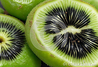A cluster of kiwi fruit was cut open to reveal the emerald green flesh speckled with tiny black seeds. Stock Photo