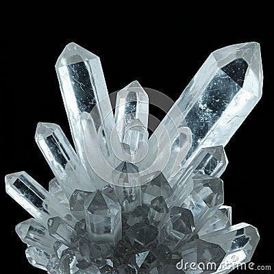 Cluster of large, clear quartz crystals (SiO2) with hexagonal prisms and pointed Stock Photo