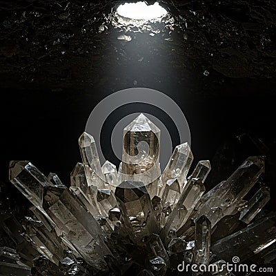 A cluster of large, transparent quartz crystals (SiO2) is illuminated by a focused beam Stock Photo