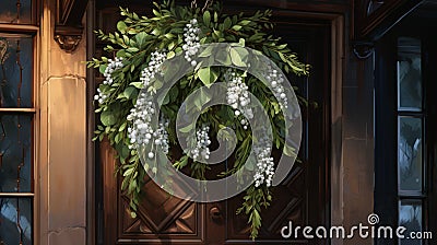 A cluster of mistletoe hanging from a doorway, with glossy green leaves Stock Photo