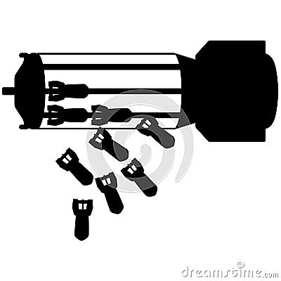cluster munition, cluster bomb, submunition bomb a form of air dropped or ground-launched explosive weapon silhouette Stock Photo