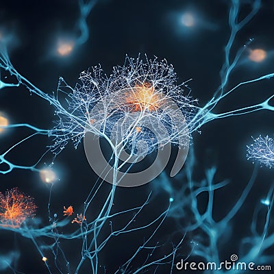 a cluster of neuron floats and branches out with axons and dendrites of cells in the brain's outer layers. Stock Photo