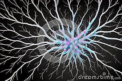 a cluster of neuron floats and branches out with axons and dendrites of cells in the brain's outer layers. Stock Photo