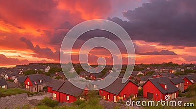 A cluster of red-roofed village houses under a dramatic evening sky Stock Photo